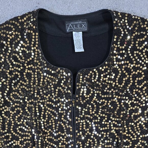 Alex Evenings Black Gold Sequin Metallic Collarless Lightweight Topper Jacket - Picture 4 of 8